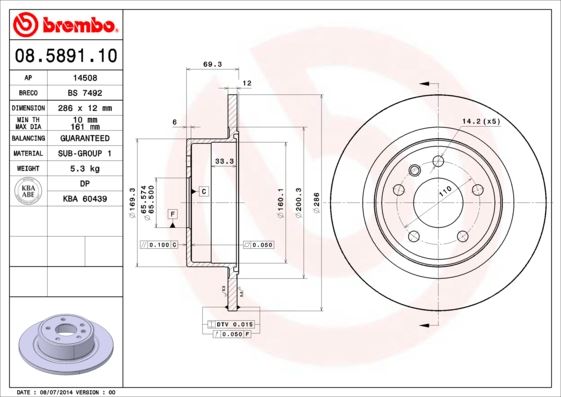 ARKA FREN AYNASI OMEGA B 2.0 24V 2.2 2.5TD 3.0 V6 94/7.03 286mm 285.8x12x5DLxHAVALI 569121-569208
