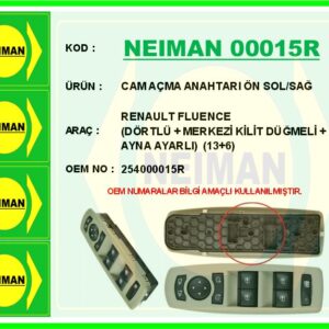 CAM AÇMA ANAHTARI ÖN SOL/SAĞ RENAULT FLUENCE DÖRTLÜ MERKEZİ KİLİT DÜĞMELİ AYNA AYARLI 13 6