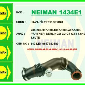 HAVA FİLTRE BORUSU 206-207-307-308-1007-3008-407-5008-PARTNER-BERLINGO-C2-C3-C3 II 1.6HDI-1.6JTD