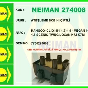ATEŞLEME BOBİNİ ÇİFTLİ RENAULT KANGOO 01  CLIO I-II-III 92 05 MEGANE I 96  SCENIC 96 TWINGO 96  LOG AN 06 1.2 1.4 1.6 D4F K7J-K7M