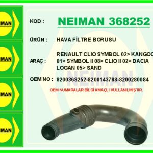HAVA FİLTRE BORUSU RENAULT CLIO SYMBOL 02  KANGOO 01  SYMBOL II 08  CLIO II 02  DACIA LOGAN 05  SAND