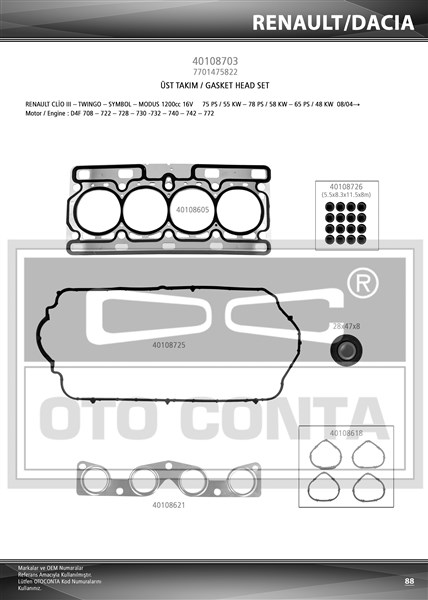 MOTOR TAKIM CONTA CLIO II 01 06 CLIO III 05 14 CLIO IV 12 SYMBOL II 08 14 LOGAN 04 SANDERO 08 1.2 16V D4F 7701475822