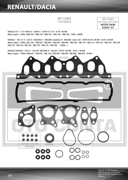 ÜST TAKIM CONTASI KNG-R19-MGN-SCENIC 1.9 DZL. KEÇELİ SUBAP LASTİKLİ SKC SİZ 7701465262